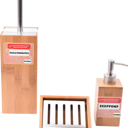 Discountershop set - Badaccessoires bamboe, 3-delige badkamerset van zeepdispenser, zeepbakje en toilet borstel, naturel