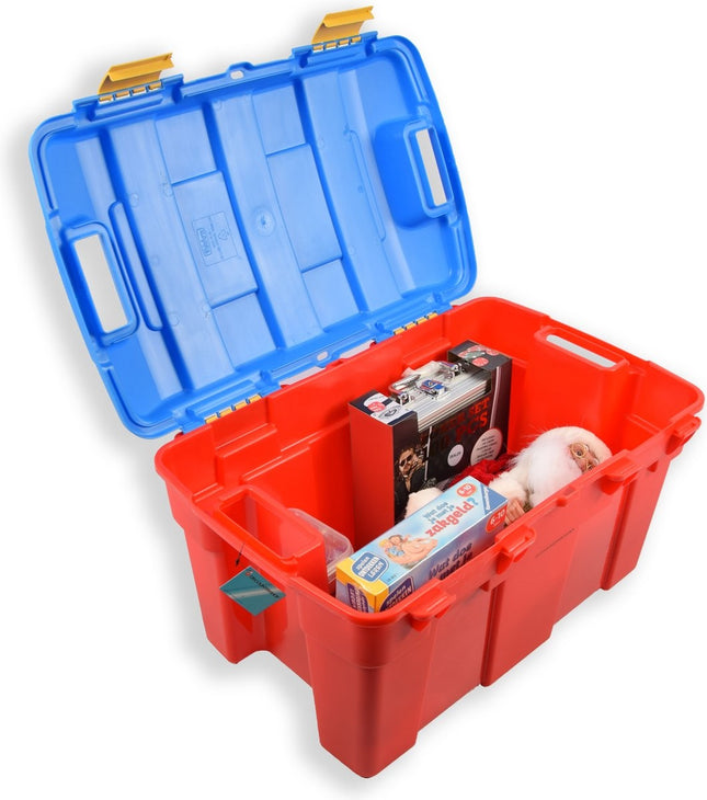 Stevige opberger 40 L | Rood & Blauw opbergbox | kofferbak kinderspeelgoed gereedschap lego |Boeken Opbergdoos Scharnierend deksel