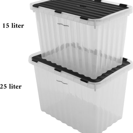 2x Opbergbox met Deksel - 25L en 15L - Kunststof - Transparant