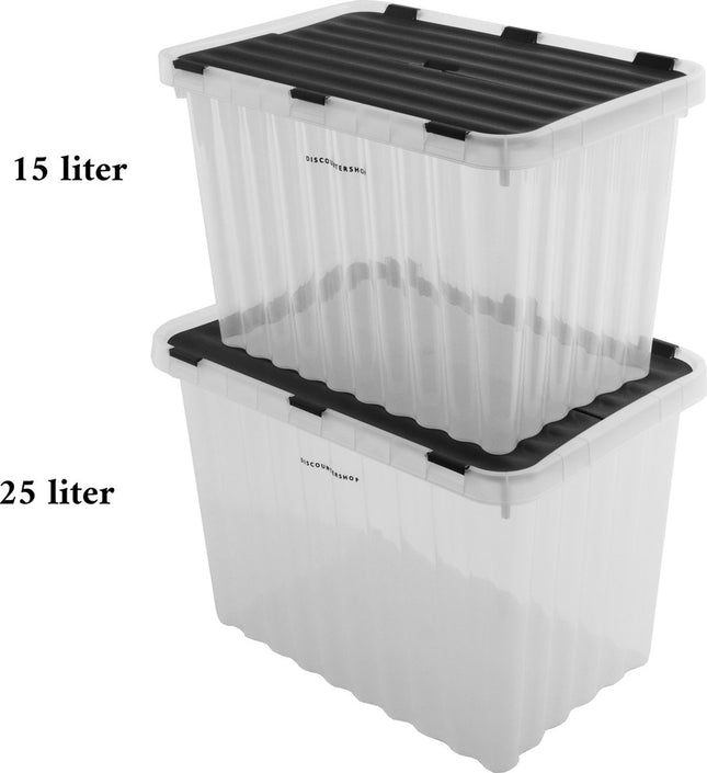 2x Opbergbox met Deksel - 25L en 15L - Kunststof - Transparant