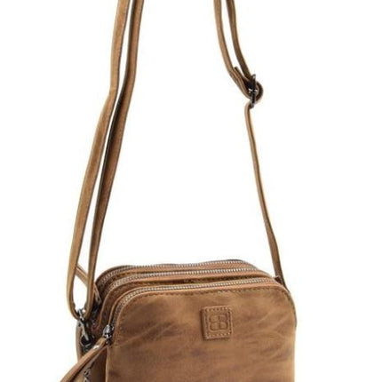 Bicky Bernard Schoudertas cognac - camel met 3 ritsen - tas - tassen - schoudertas dames - handtas - cognac-camel schoudertas - schoudertas meiden - 