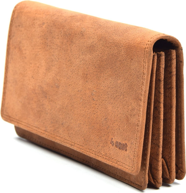 4East® Vintage Leren Dames Portemonnee |Cognac | RFID |Stoer Leer Portemonnee Huishoud portemonnee | Dames | Harmonica portemonnee | buffelleer Portemonnee | Overslag portemonnee