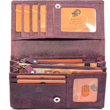 4East® Vintage Leren Dames Portemonnee | Paars | RFID |Stoer Leer Portemonnee Huishoud portemonnee | Dames | Harmonica portemonnee | buffelleer Portemonnee | Overslag portemonnee