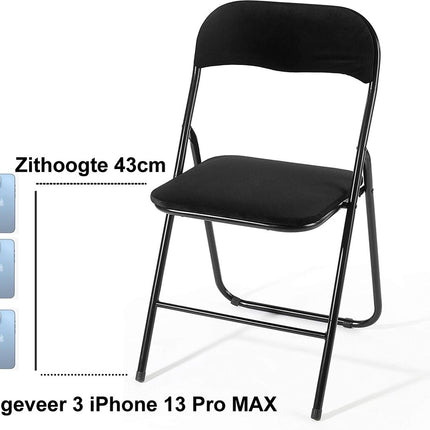 Klapstoel met zithoogte van 43 cm Vouwstoel velvet zitvlak en rug bekleed - stoel - tafelstoel- stoel - tafelstoel - klapstoel - Velvet klapstoel - Luxe klapstoel - Met kussentjes - Stoel - Stoelen - Klapstoelen - Stoeltje - Premium chair - Zwart