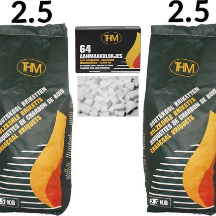 2X houtskoolbriketten van 2.5 KG inclusief aanmaakblokjes 64 Stuks - Barbecue - BBQ - 2 Stuks - Totaal 5 KG