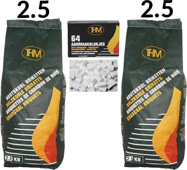 2X houtskoolbriketten van 2.5 KG inclusief aanmaakblokjes 64 Stuks - Barbecue - BBQ - 2 Stuks - Totaal 5 KG