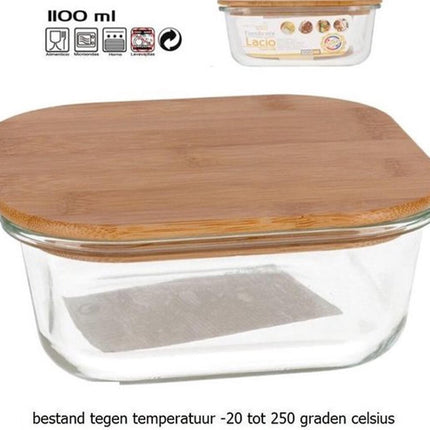 1x Glazen voorraad/vershoud bakje bamboe deksel vierkant 17,5 x 17,5 x 7 cm - 1100 ml - Bewaarbakjes ovenbestendig glas