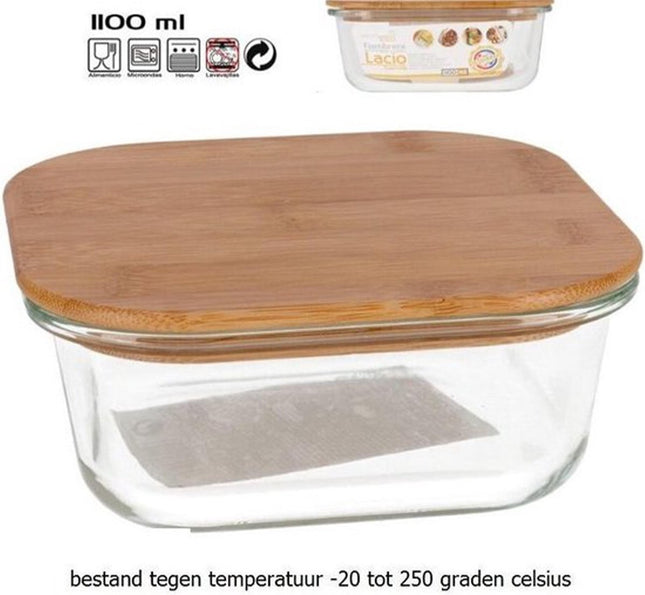 1x Glazen voorraad/vershoud bakje bamboe deksel vierkant 17,5 x 17,5 x 7 cm - 1100 ml - Bewaarbakjes ovenbestendig glas