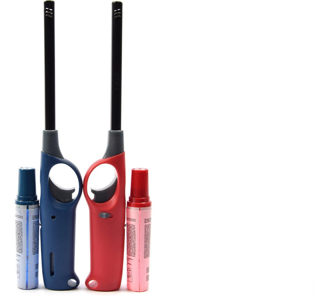 Gasaansteker met navulling 2X Rood en Blauw - HervulbareNavulbare Aansteker - Kinderbescherming - Vlamaanpassing - Branstofindicator -