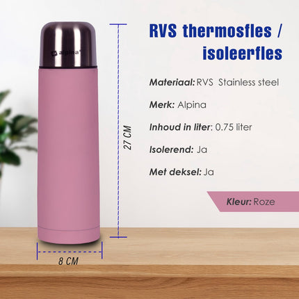 RVS Thermosfles 750 ml Roze – BPA-vrij & Lekvrij – Met Beker – Voor Thee, Soep, Koffie, Koud Water, Babyvoeding