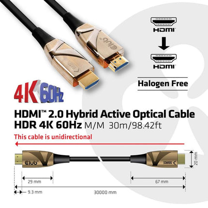 CLUB3D HDMI 2.0 UHD Active Optical Kabel HDR 4K 60Hz M/M 30 meter - club3D HDMI Aansluitkabel 30 meter Vlambestendig, High Speed HDMI Zwart [1x HDMI-stekker - 1x HDMI- Metaal aansluiting:Goud