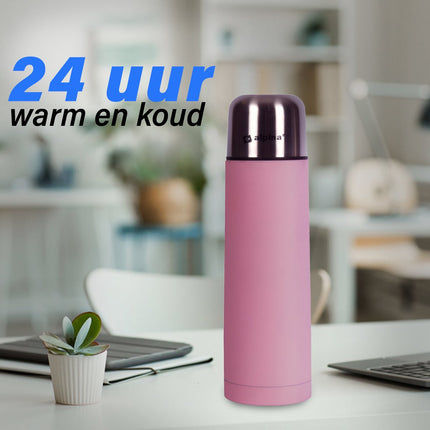 RVS Thermosfles 750 ml Roze – BPA-vrij & Lekvrij – Met Beker – Voor Thee, Soep, Koffie, Koud Water, Babyvoeding