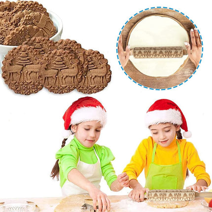Deegroller van hout voor kerstkoekjes | Gegraveerde Deegroller |kerstgebak| Uitsteekvormpjes |koekvormpjes| Koekjes | Koek |