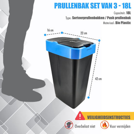 Prullenbak set van 3 - 18L Afvalscheidingsbakken met schommeldeksel - Zwart - 42x22x16 cm - Ideaal voor Afvalbeheer