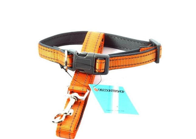 Honden Halsband met uitlaatriem -Oranje - Hondentuig met reflector - Wandelen - Uitlaten - Medium honden - Uitlaatriem 100 cm - Halsband 33 - 50 cm