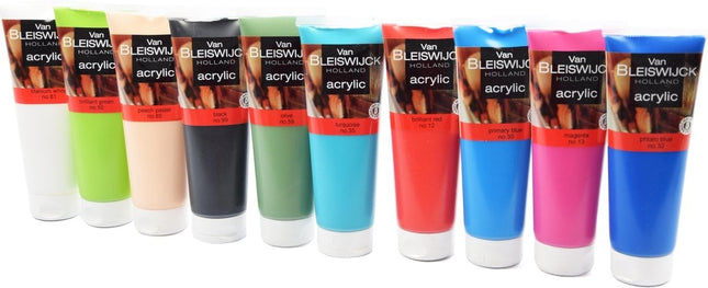 Acrylic verf 10 tube 250 ML - Watervaste verf - Acrylicverf 10 stuks kleur - phtalo blue 32 - Magenta 13 - Primary blue 30 - Brilliant red 12 - turqoise 35 - Olive 59 - Black 99 - Peach pastel 85 - Brilliant green 50 - wit 81