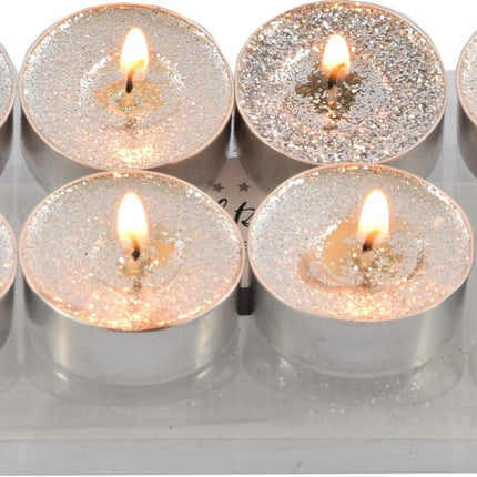 Glitter Waxinelichtjes 8 Uur – Theelichtjes Set 8 stuks – Goud, Zilver & Noir – Lange Brandduur – Tafeldecoratie