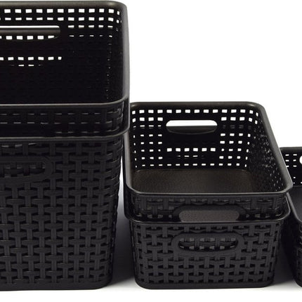 6-Pack Mix Zwarte Plastic Geweven Rotan Opbergmand Desktop Manden Plastic Fruitmand - Opberger - Opbergmanden