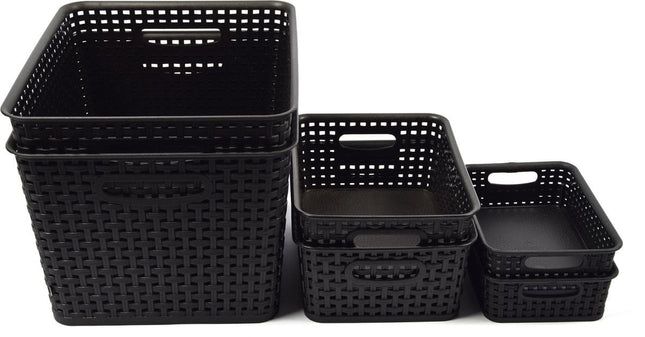 6-Pack Mix Zwarte Plastic Geweven Rotan Opbergmand Desktop Manden Plastic Fruitmand - Opberger - Opbergmanden