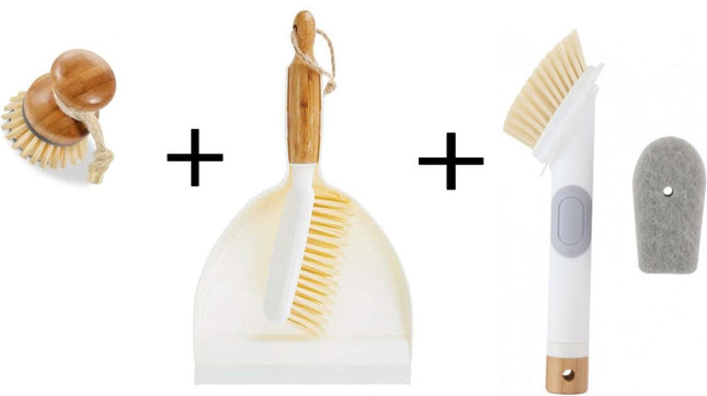 Luxe Set Stoffer en Blik Bamboe|veeggarnituur bamboe Duurzaam beige 37x25cm| Afwasborstel - keukenborstel - rond handvat 10xØ7cm 80gr|afwasborstel & zeepdispenser 25 cm wit 2-delig