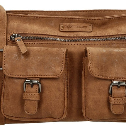 Bicky Bernard Dames Schoudertas Camel - Crossbody Tas met Dubbele Ritssluiting - Ruim Hoofdvak & Voorvakken - Verstelbare Schouderriem