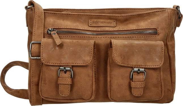 Bicky Bernard Dames Schoudertas Camel - Crossbody Tas met Dubbele Ritssluiting - Ruim Hoofdvak & Voorvakken - Verstelbare Schouderriem
