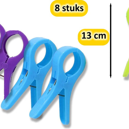 Handige Set van 8 Grote Plastic Badlaken Knijpers - Strandlaken knijpers - Badhanddoekknijpers - Zwembadstoelknijpers - XXL Knijpers (13 cm) - Sterke Grip voor je Strand- en Zwembadavonturen!