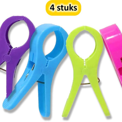 Praktische Set van 4 Grote Plastic Badlaken Knijpers - Strandlakenknijpers - Badhanddoekknijpers - Zwembadstoelknijpers - XXL Knijpers (13 cm) - Houd je Handdoeken Stevig op hun Plaats!