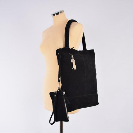 Shopper met een sleutelhanger van 4EAST, Leer shopper met kleine portemonnee Suéde Shopper Akko 4east Beige Akko 4east Black