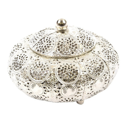 Oosterse Metalen Sieradendoos zilver rond | Juwelendoosje | bewaarblik | Juwelenkistje | Sieradenkistje | Kaarsenhouder | Sieradendoos metaal 16X13CM