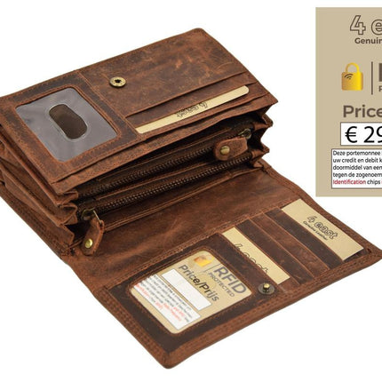 Vintage Leren Dames Portemonnee - Ideale Dames Portemonnee Stoer Leer Portemonnee -Portemonnee dames -Portemonnee heren -portemonnee pasjes - RFID Protected Anti skim -Dames portemonnee- Huishoud portemonnee - Harmonica portemonnee buffelleer -Bruine