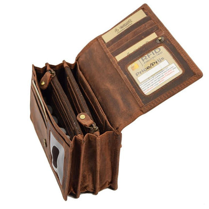 Vintage Leren Dames Portemonnee - Ideale Dames Portemonnee Stoer Leer Portemonnee -Portemonnee dames -Portemonnee heren -portemonnee pasjes - RFID Protected Anti skim -Dames portemonnee- Huishoud portemonnee - Harmonica portemonnee buffelleer -Bruine