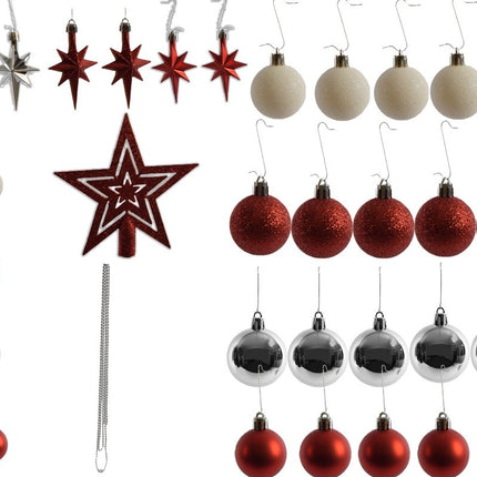 Kleine Kerstballen met 50 Kerstbalhaakjes 3-4cm 44-delig |decoratie met en piek rood zilver met glitters ketting |kunststof kerstbal