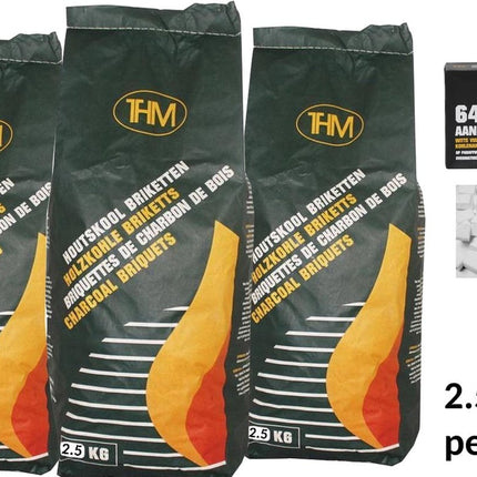 3X houtskoolbriketten van 2.5 KG inclusief aanmaakblokjes 64 Stuks - Barbecue - BBQ - 3 Stuks - Totaal 7.5 KG