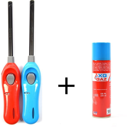 1x Gasbus butaan gasfles 250 ml vulling Incl 2x gasaansteker 26cm barbecue aanstekers