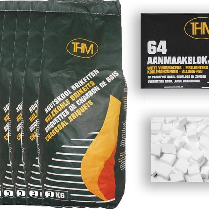 8X houtskoolbriketten van 3 KG inclusief aanmaakblokjes 64 Stuks - Barbecue - BBQ - 8 Stuks - 24 kilogram briketten