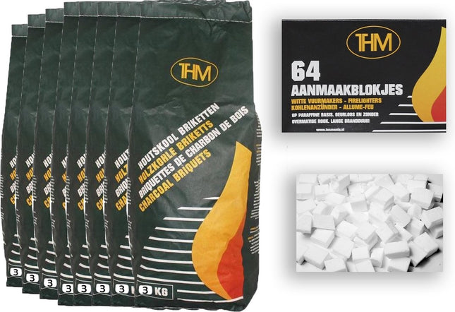 8X houtskoolbriketten van 3 KG inclusief aanmaakblokjes 64 Stuks - Barbecue - BBQ - 8 Stuks - 24 kilogram briketten