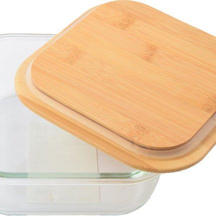 1x Glazen voorraad/vershoud bakje bamboe deksel vierkant 17,5 x 17,5 x 7 cm - 1100 ml - Bewaarbakjes ovenbestendig glas