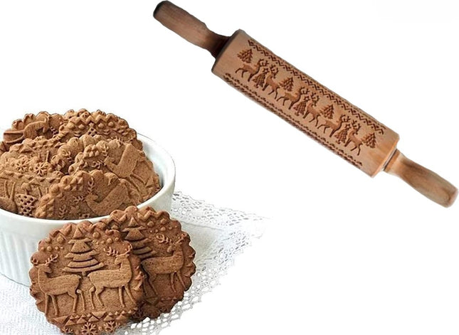 Deegroller van hout voor kerstkoekjes | Gegraveerde Deegroller |kerstgebak| Uitsteekvormpjes |koekvormpjes| Koekjes | Koek |