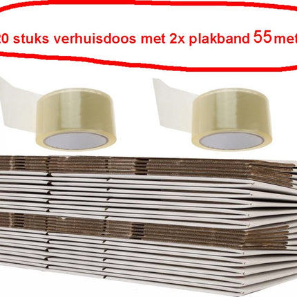 Verhuisdoos - 20 stuks inhoud van 50 liter met 2 x plakband 55 meter - Professioneel, zelfsluitend en stevig 48 x 34 x 33 cm
