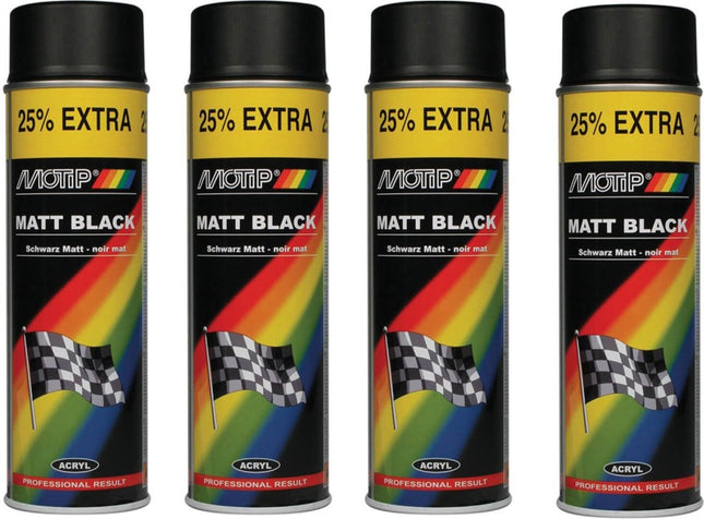 Motip verf 4 stuks spuitverf Mat zwart sneldrogend 500 mL voor metaal , hout, aluminium en steen - 25 % EXTRA 