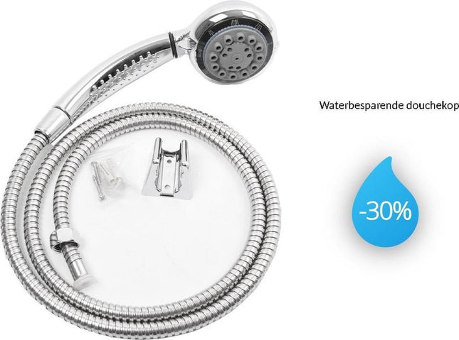 Douchekop Incl. Slang 1.5 Meter - 7 standen - 1/2'' - Handdouche 1st. ø 8cm chroom - Douche Kop - Doucheset met Douchekop, wandhouder en slang met 7 sproeistand - Douche kop met slang set - Douchekoppen - Douchekop Roestvrij - 7 Functies - 150 cm