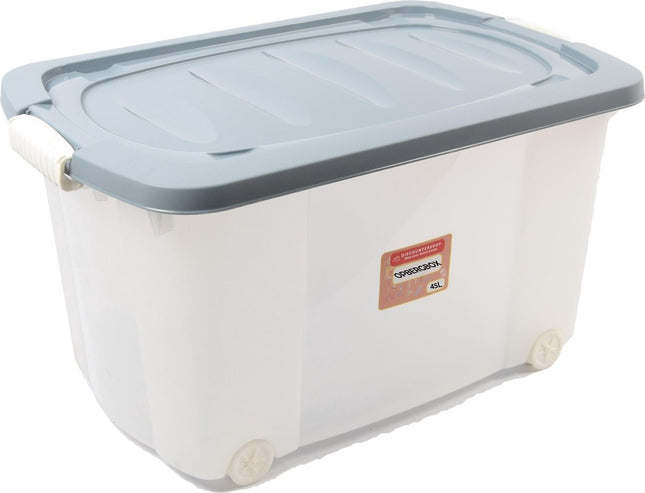 Rollerbox - opbergbox - 45L - 1 stuks - Wieltjes - Transparant/Blauw