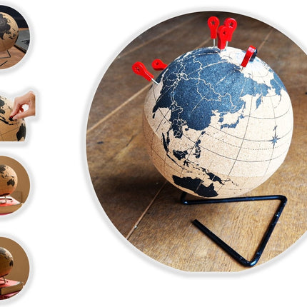 Wereldbol van kurk met metalen standaard - Diameter 15 cm - Kurkbol met gekleurde push-pins - Draaibare wereldbol Kurk - Educatieve wereldkaart - Duurzame roestvrijstalen basis Gemakkelijk draaien - Houd de reizen bij - Stijlvol decor
