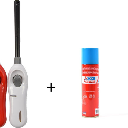 1x Gasbus butaan gasfles 250 ml vulling Incl 2x gasaansteker 26cm barbecue aanstekers