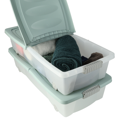 Set van 2 Onderbedbox Opbergbox 32L – Mintgroene Deksel met Wielen – 79x39x17 cm – Transparante Bak – Opbergbox Onder Bed 