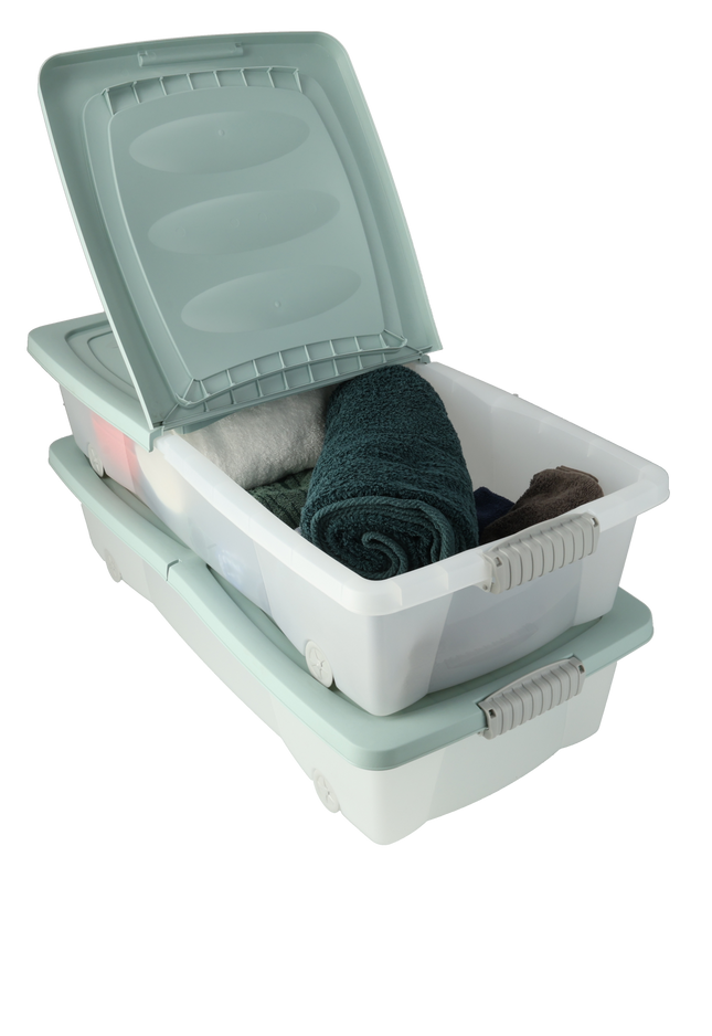 Set van 2 Onderbedbox Opbergbox 32L – Mintgroene Deksel met Wielen – 79x39x17 cm – Transparante Bak – Opbergbox Onder Bed 