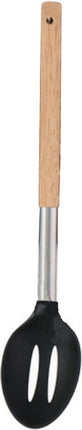 Keukengerei set van 6 stuks - Set Keukengerei -bakspatel 34 cm hout rvs - opscheplepel 34 cm hout zwart - schuimspaan 34 cm hout staal - schuimspaan 34 cm hout rvs - schuimspaan 34 cm hout rvs- schuimspaan 34 cm hout rvs