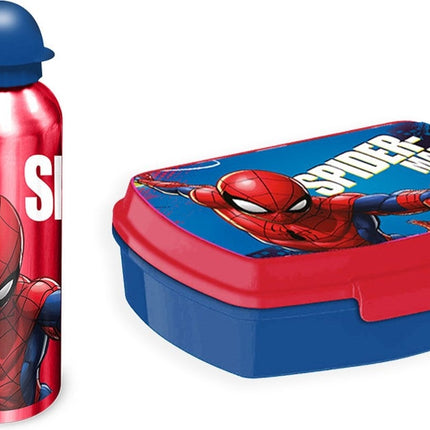 Spiderman Lunchset met waterfles 450ml en broodtrommel - Spiderman Aluminium Waterfles – Blauw - Broodtrommel spiderman