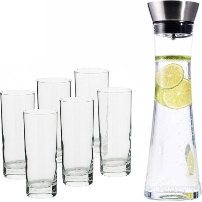 Karaf - Waterkaraf - 1 Liter met 6 longdrinkglazen 27 cl inhoud - Inclusief RVS Filter - waterfilter - Water